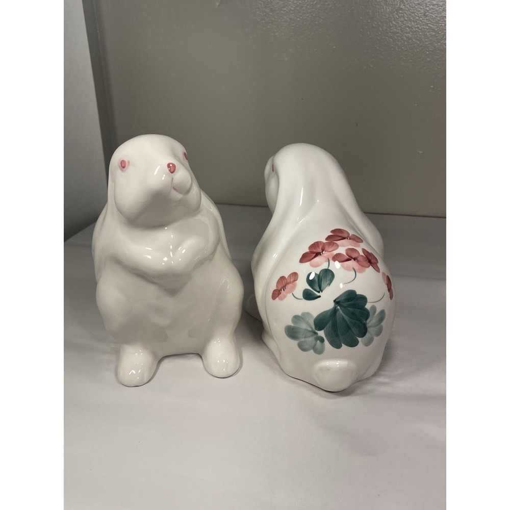 Lot of Two Glossy White Ceramic Bunny Figurines Spring Easter Collectibles